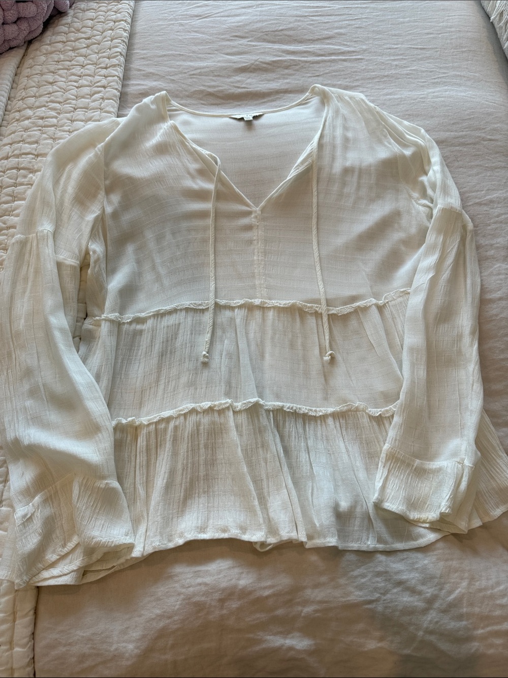 Lucky Brand Women's Cream Peasant Blouse with Tie Neck